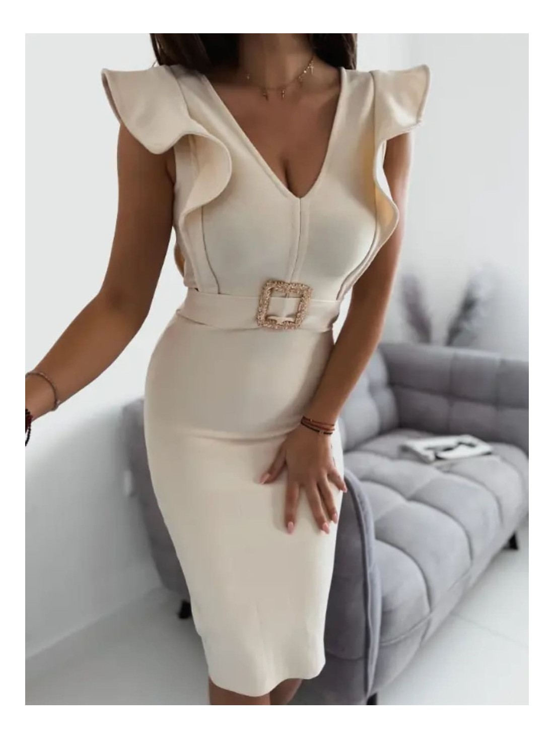 Cream pencil dress with ruffles SFA0157